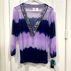 INC International Concepts Beach Purple Tie Dye Bejeweled V-Neck Sheer Top S